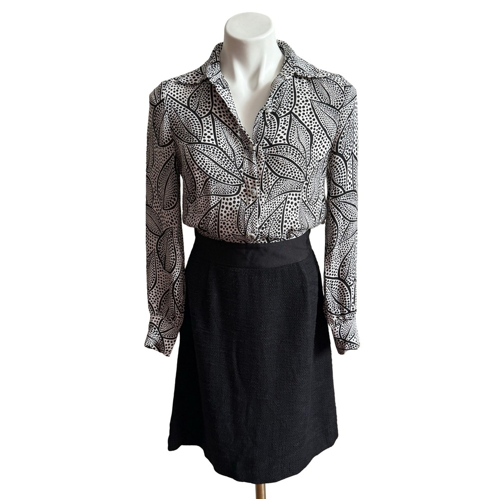 Tory Burch Black White Silk Dotted Leaf Print Long Sleeve Shirt Dress Size 4